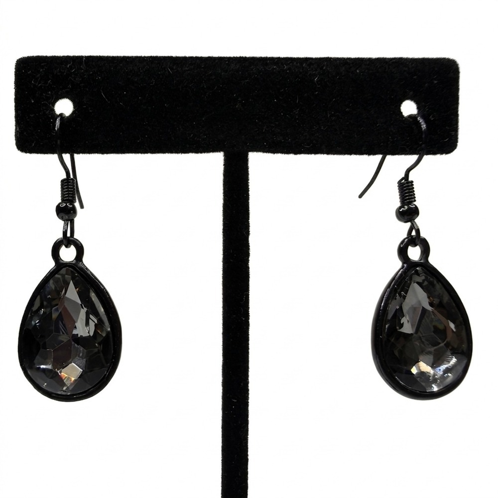 Black Teardrop Faceted Glass Rhinestone Dangle Drop Earrings Jewelry Fishhook